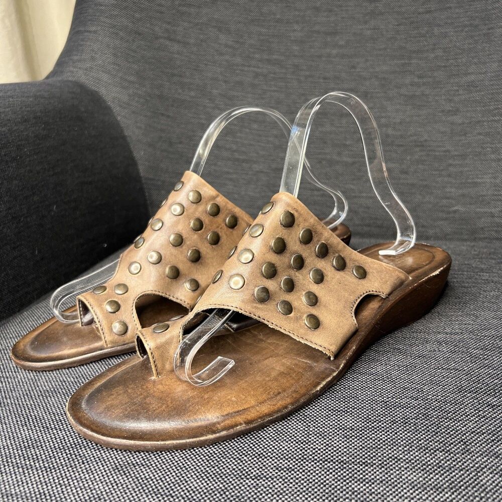 Sesto Meucci Womens Studded Sandal Slide Wedge Size 11 Brown Leather Italy